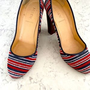 J.CREW ETTA PUMP STRIPED RED WHITE BLUE WOVEN WOODEN HEEL SZ 9.